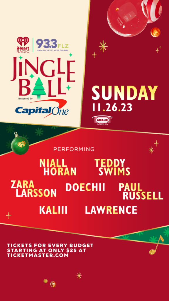 Flyer for 93.3 FLZ's Jingle Ball 2023, November 26th at Amalie Arena in Tampa Bay